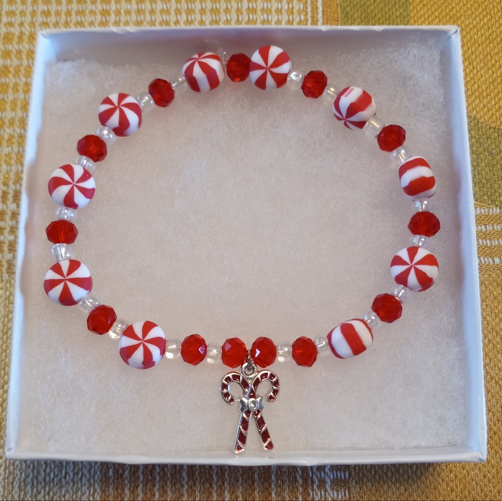 Peppermint Candy Beaded Bracelet with Charm